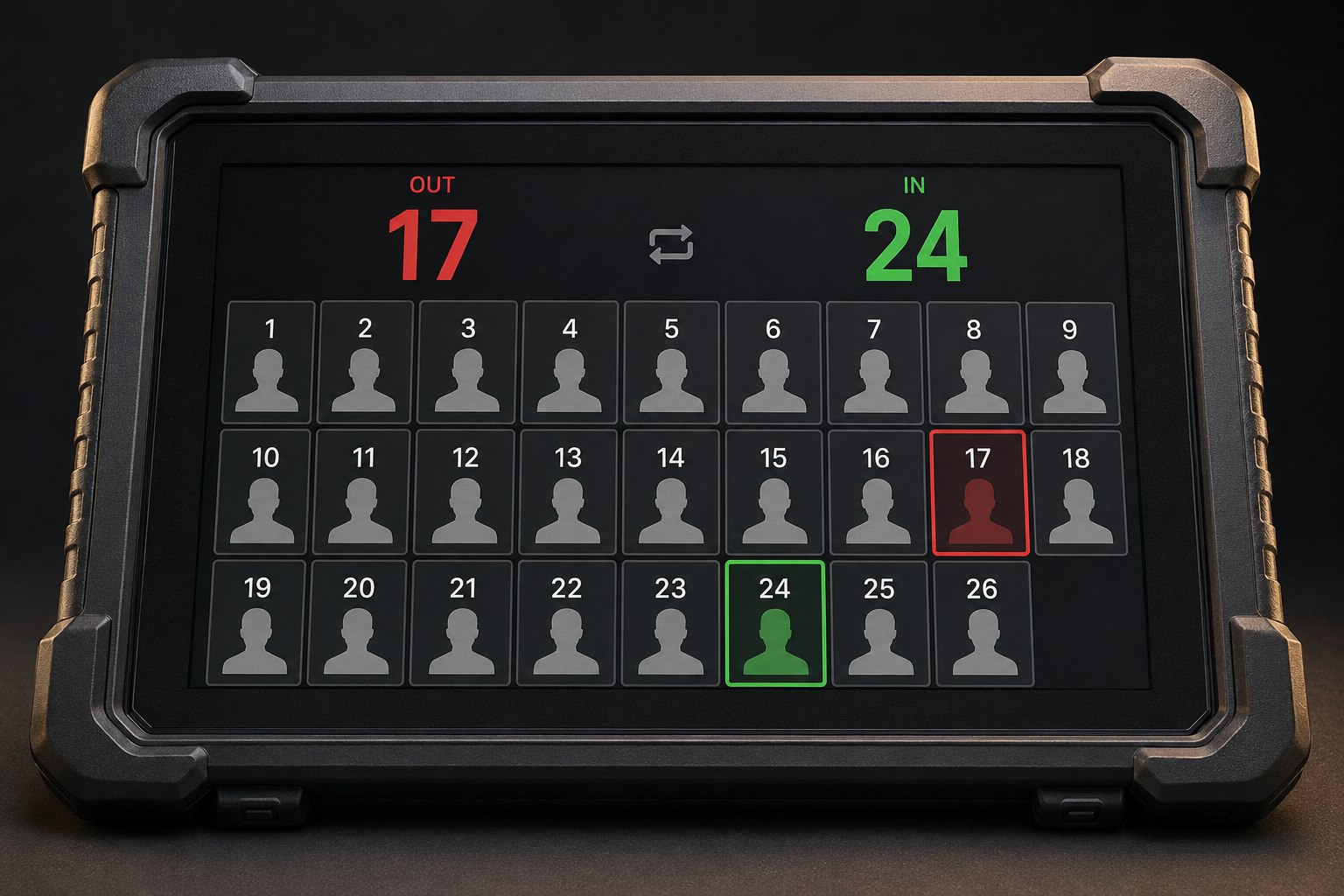 Close-up of the rear control surface showing a squad-number grid with silhouettes