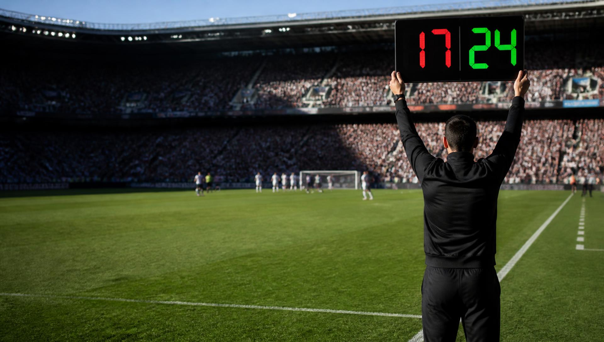 A fourth official raises a substitution display during a daylight football match